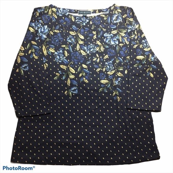 Karen Scott 3/4 Sleeve Embellished Embroidered Blue Floral Top Plus Size XXL - Picture 1 of 6